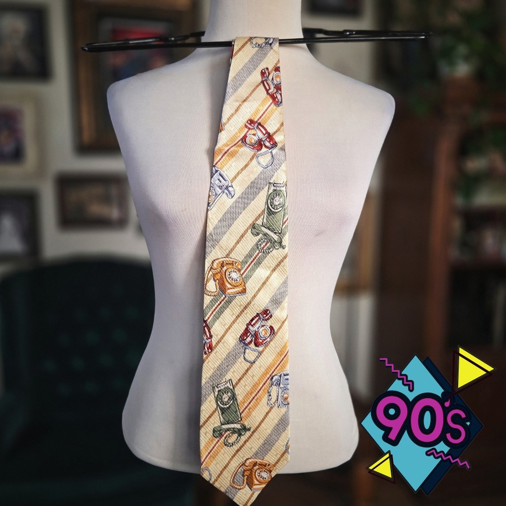 Structure Silk Tie Vintage 90s Made in Italy Rotary Phone Novelty Gold Striped